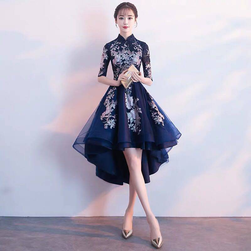 晚礼服女2024新款高贵优雅小个子短款长袖显瘦年会名媛宴会礼服裙