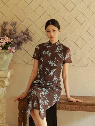 2026春夏新款弹力亚麻网纱长款旗袍女修身国风日常气质显瘦中式