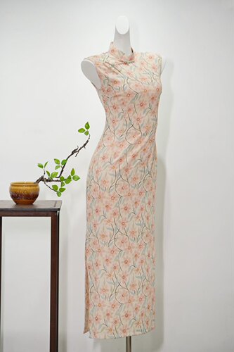 球球夫人丨港花）125cm春夏新款后拉链炭花色显白修身包肩袖旗袍