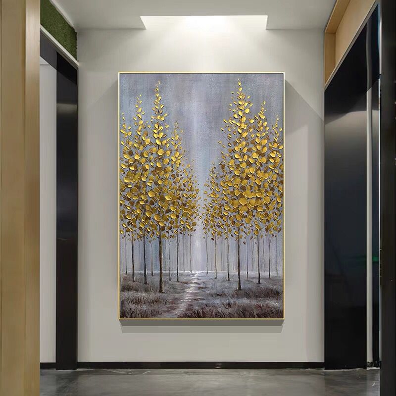 新中式高档纯手绘油画入户壁画现代轻奢客厅走廊装饰画发财树挂画图片