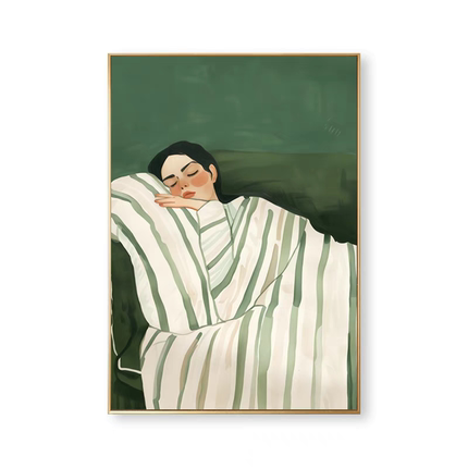 手绘油画慵懒少女房间卧室装饰画玄关人物绿色系画客厅小众挂画