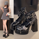 原创暗黑系Lolita哥特风粗跟浅口皮鞋 y2k甜酷辣妹朋克高跟女单鞋