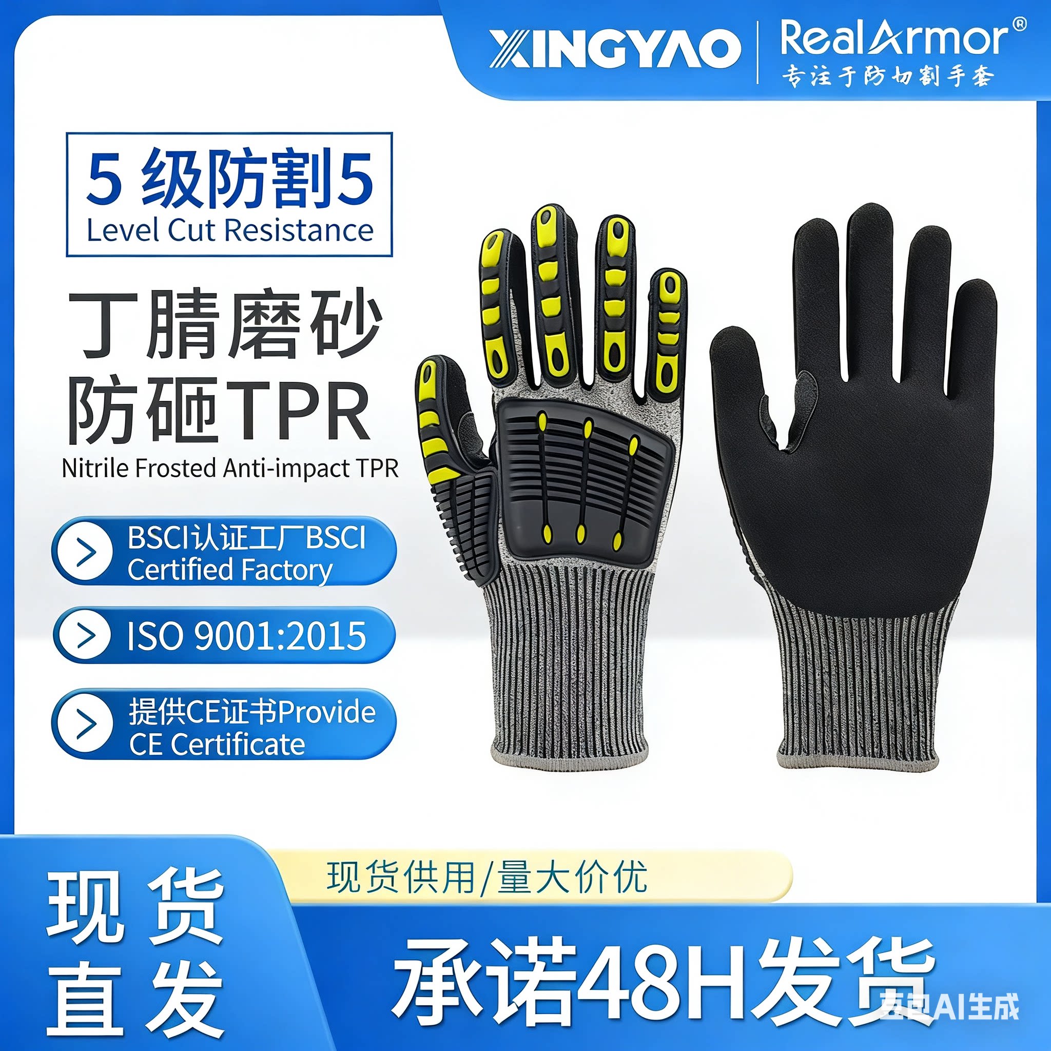 CE认证 5级防割丁腈磨砂涂掌TPR防砸耐冲击防震防撞 劳保机械手套