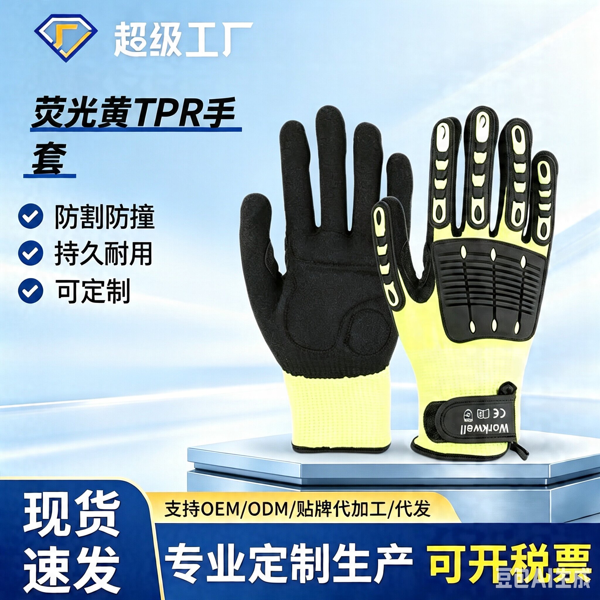 荧光黄5级防切割手套TPR丁腈磨砂防滑耐磨机械建筑劳保手套跨境