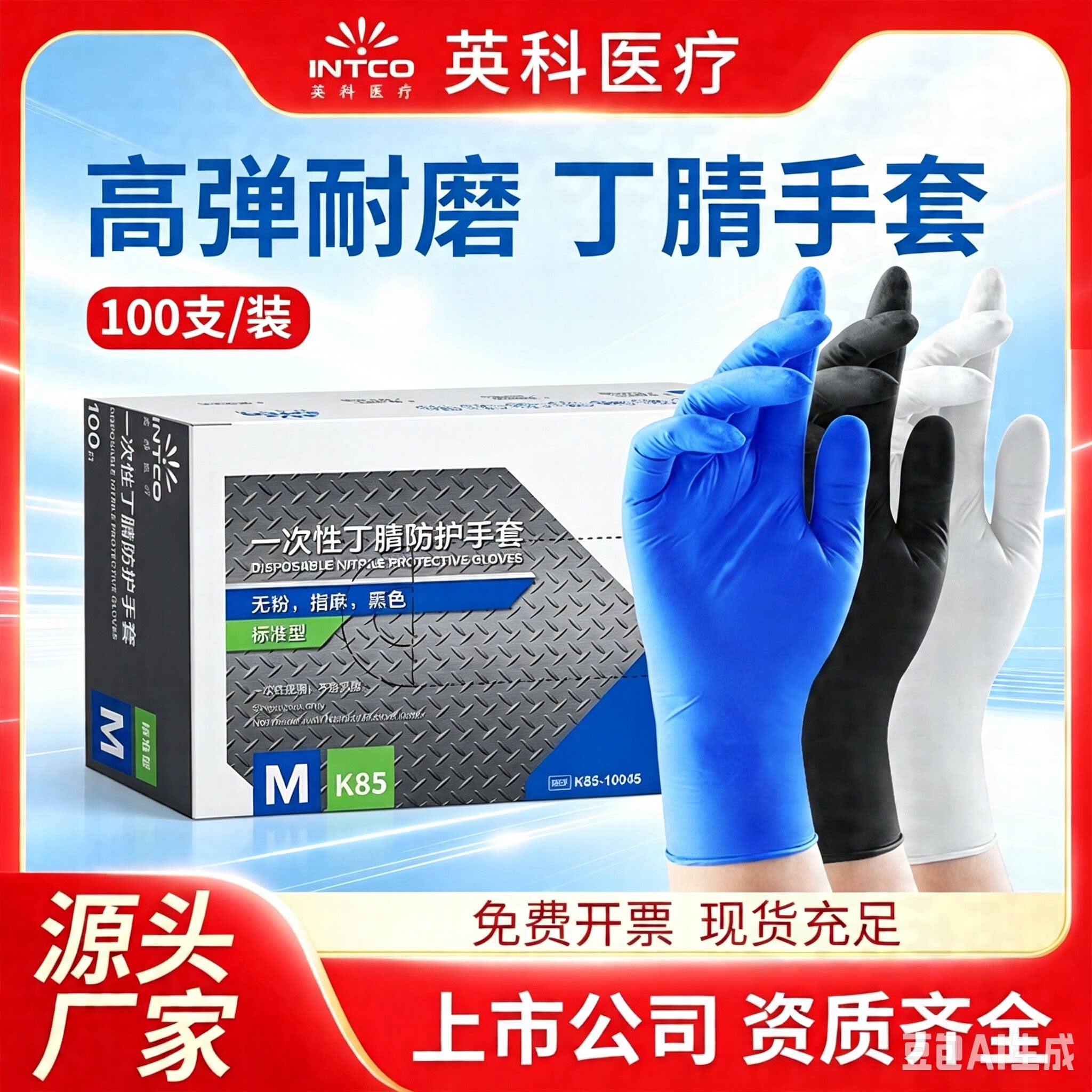 英科加厚黑丁腈手套无粉麻面防滑耐磨食品级厨房美容工业劳保手套