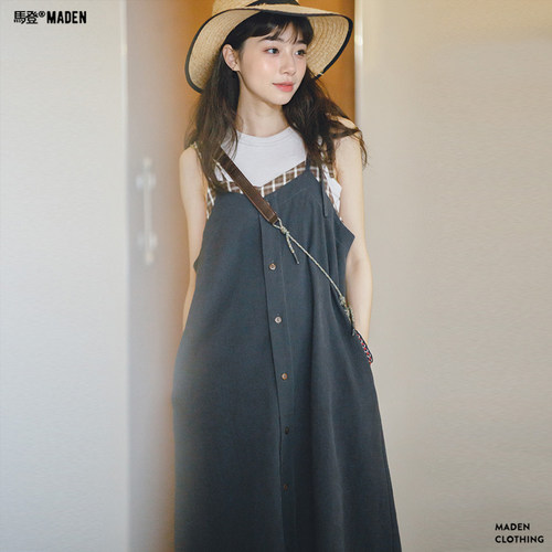 马登女装日系复古格纹拼接背带裙