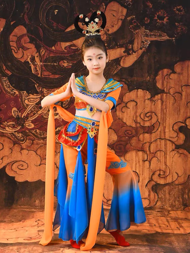 儿童敦煌飞天舞蹈服装演出服女童飘逸中国风古典舞反弹琵琶表演服