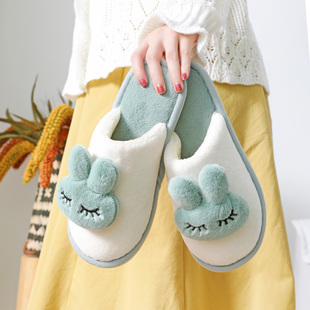 保暖防滑毛毛棉拖鞋 厚底室内居家韩版 兔子头情侣女秋冬季 2020新款