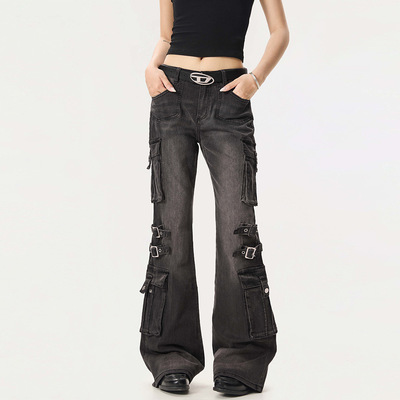 美式高街水洗做旧牛仔喇叭裤vibe机能风多口袋绑带设计感长裤男士