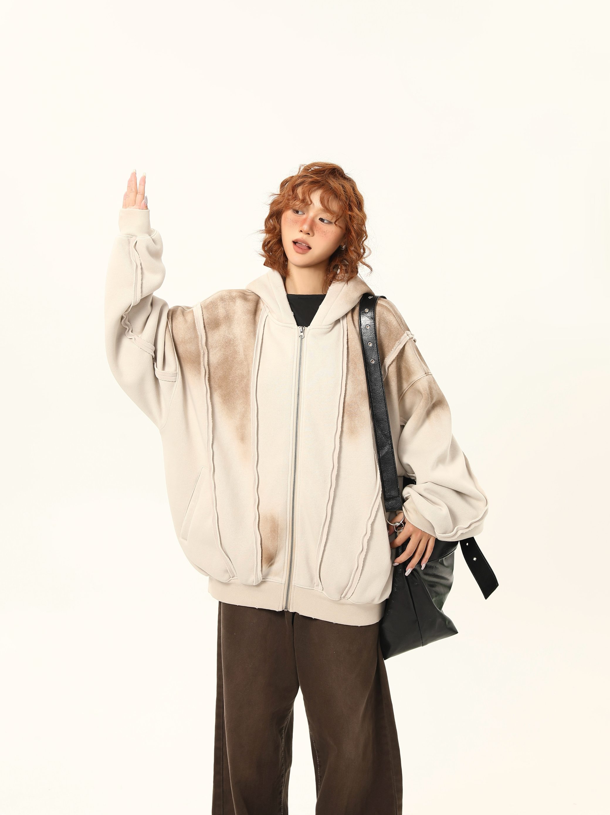 Cc 重磅高街做旧拼接设计感加绒连帽卫衣男美式复古拉链外套情侣