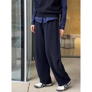 周浪清小个子宽松垂感直筒糯米裤女2025新款秋装藏青色休闲阔腿裤