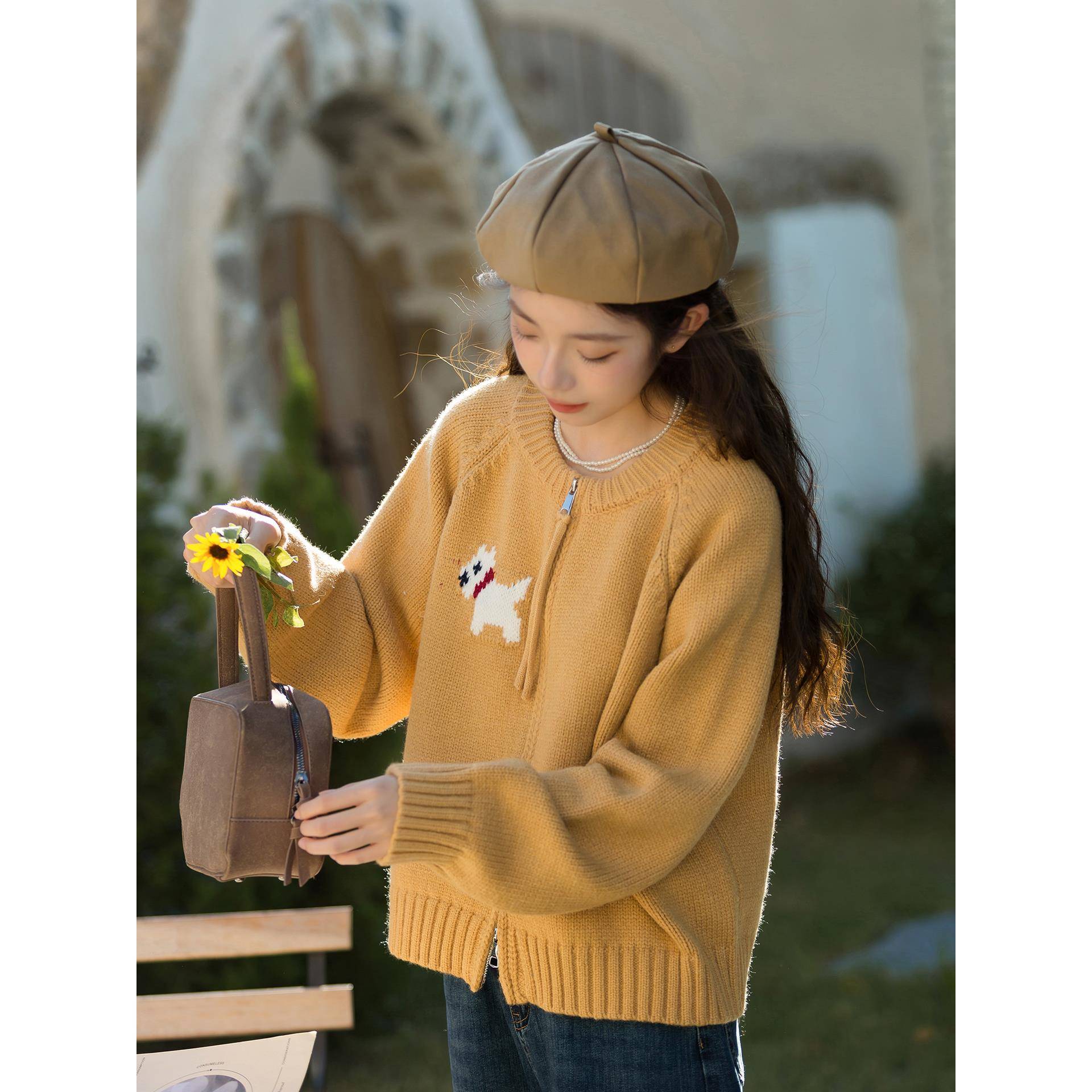 素色左岸小狗毛衣外套女2025秋新款韩系慵懒风双拉链针织开衫上衣