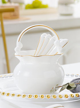 创意花篮勺子笼家用骨瓷汤勺收纳盒描金勺子筒花篮勺篓勺筷收纳