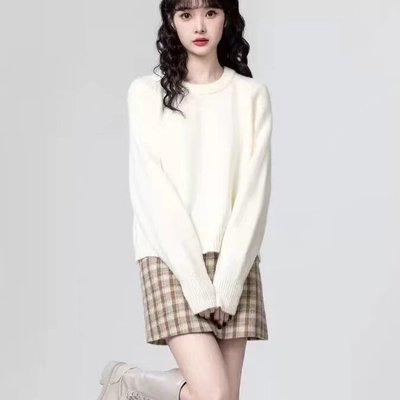 韩系高级感圆领套头毛衣女秋冬季新款宽松短款内搭打底针织衫上衣