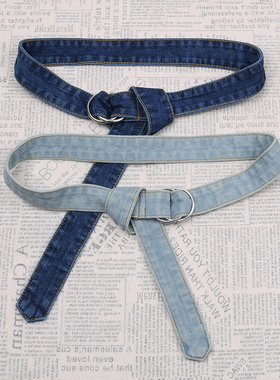 牛仔裤腰带女双环扣圆扣男女通用加宽腰带牛仔布料水洗复古浅蓝色