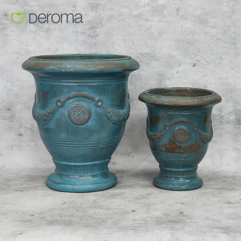 DEROMA新品中古兰陶盆浮雕做旧粗陶盆陶盆红陶土粗砂透气手工陶罐
