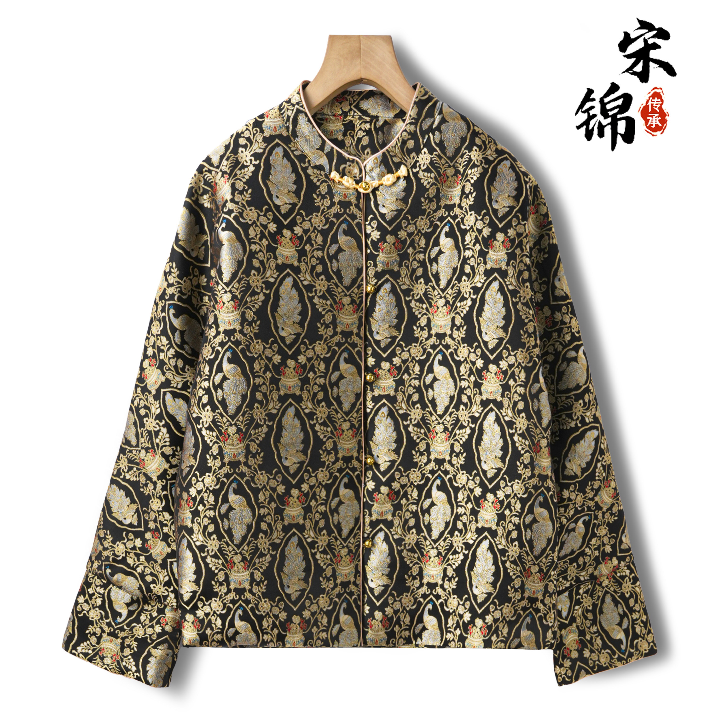 聚宝盆桑蚕丝织金宋锦立领对襟外套真丝新中式90白鸭绒羽绒服女冬