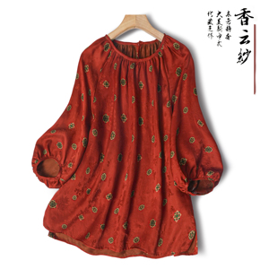 真丝香云纱花萝减龄娃娃衫女夏新款宽松圆领套头桑蚕丝上衣印花