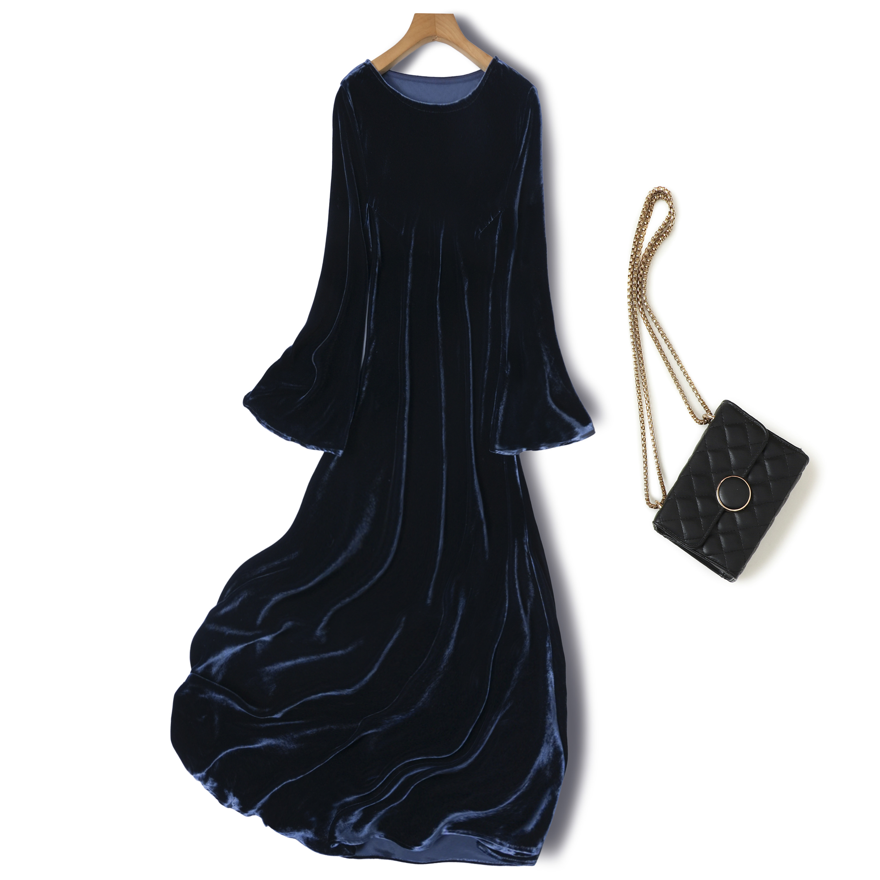 斜裁礼服裙轻奢纯色法式真丝丝绒长袖一字领连衣裙高端女神范秋新