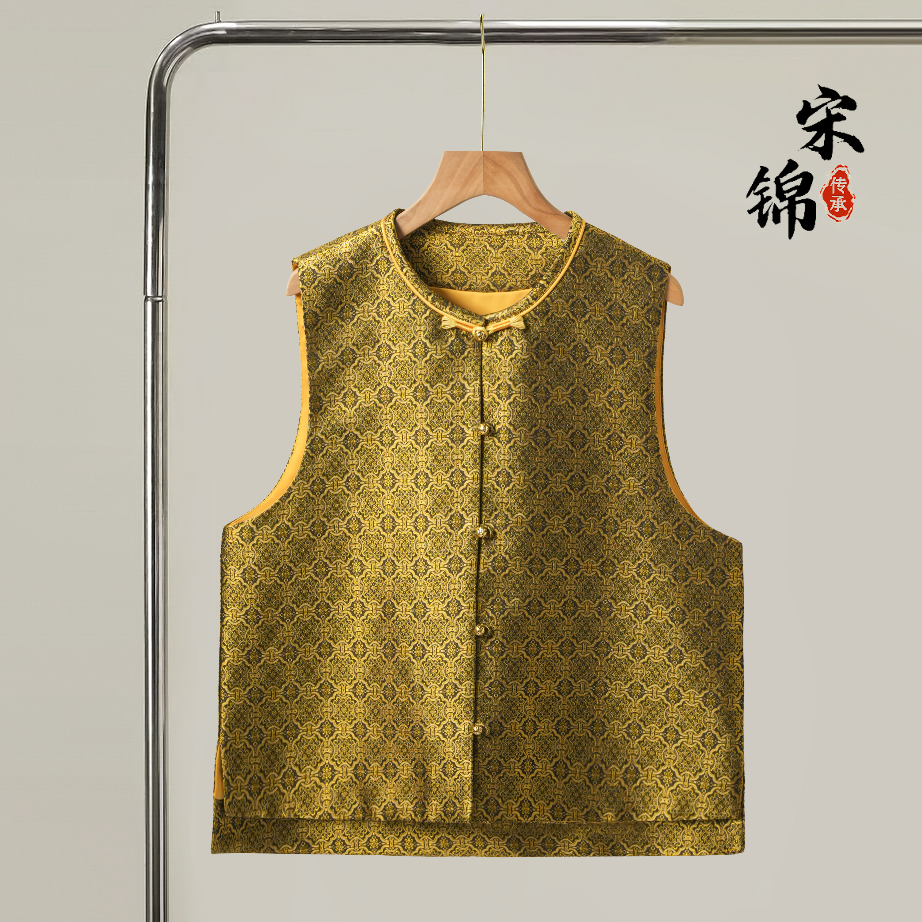 黑金定胜纹宋锦桑蚕丝新中式对襟马甲外套真丝国风上衣开衫外搭秋