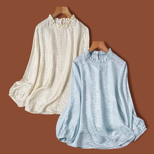 仙草宝相提花缎真丝桑蚕丝白色法式长袖木耳领衬衫百搭气质上衣女