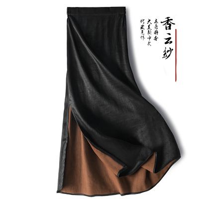 奢感重磅~缎面香云纱黑色真丝松紧腰腰封半身裙桑蚕丝纯色一步裙