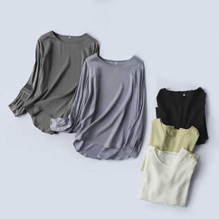 T恤女 衬衣真丝圆领宽松衬衫 轻奢感 桑蚕丝弹力双乔缎直筒长袖