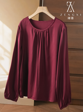 重磅双乔缎真丝T恤女长袖圆领通勤显白酒红色桑蚕丝上衣温柔慵懒