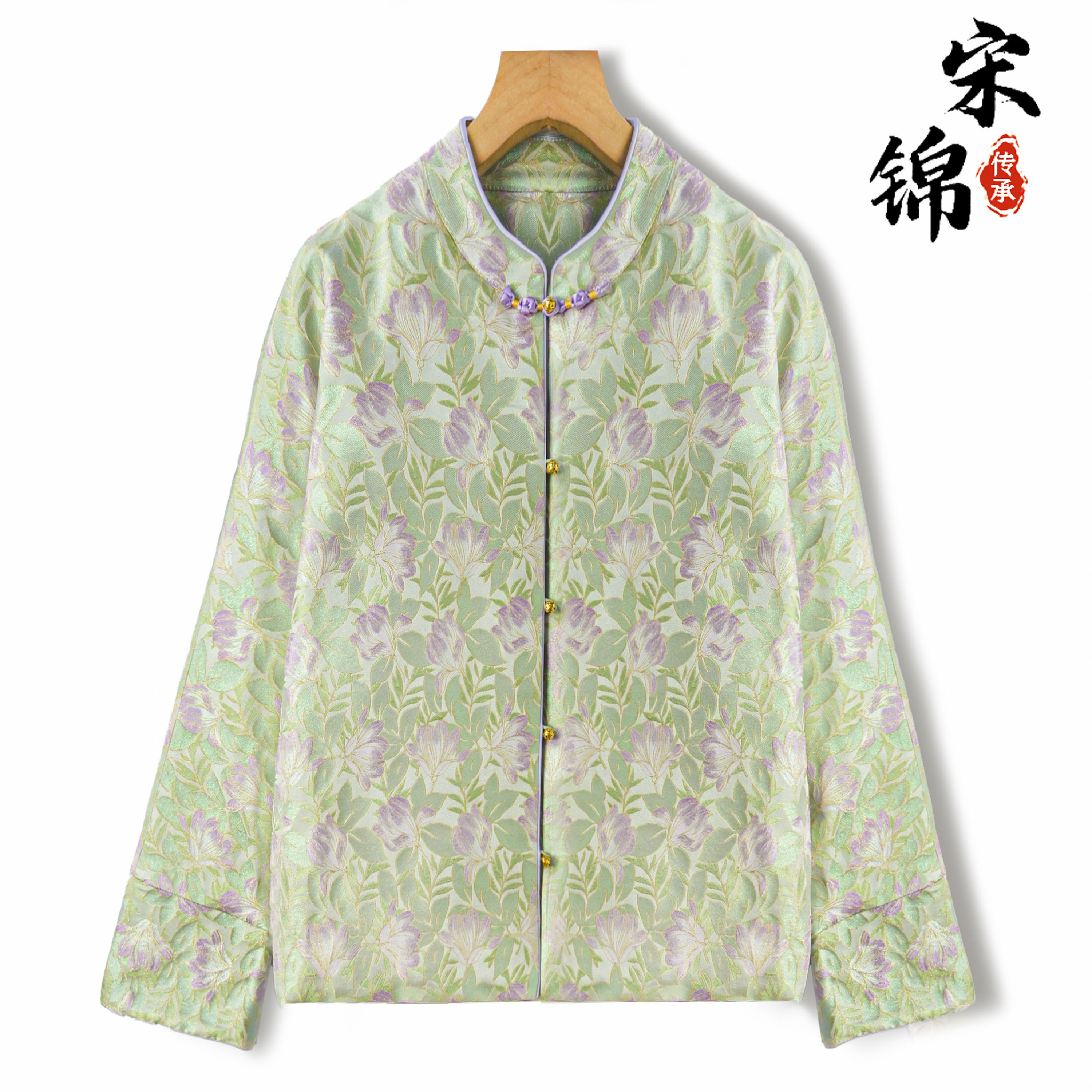 曲水荷花桑蚕丝织金宋锦立领对襟外套真丝新中式90白鸭绒羽绒服女