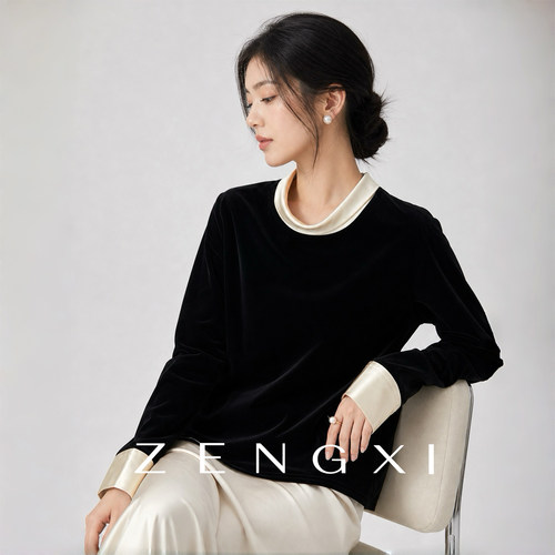 高端小资真丝丝绒上衣女秋设计感长袖t恤新款桑蚕丝通勤显瘦衬衫
