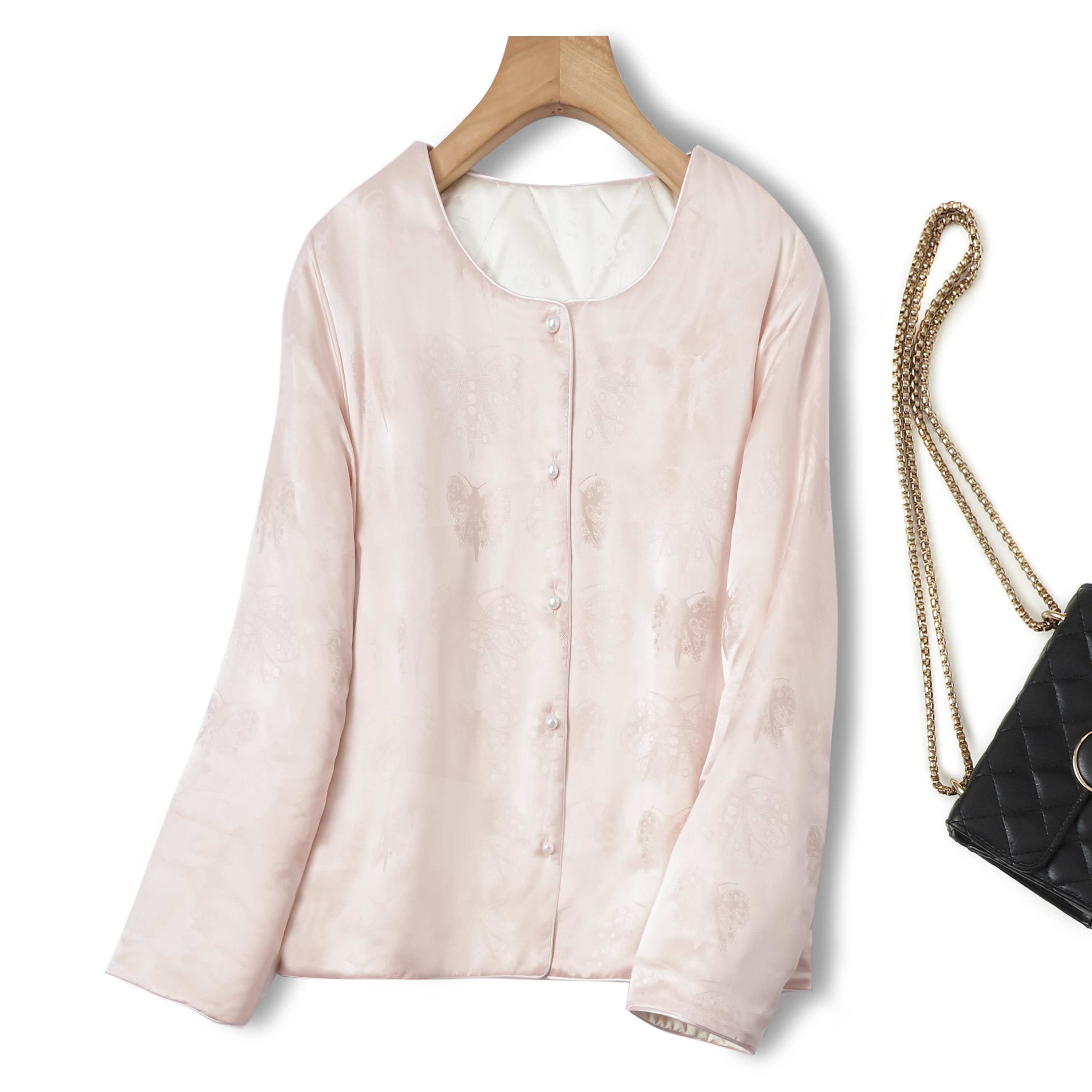 保暖神器100%桑蚕丝蝴蝶提花女装棉服外套真丝保暖加厚内胆冬季黄