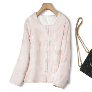 保暖神器100%桑蚕丝蝴蝶提花女装棉服外套真丝保暖加厚内胆冬季黄