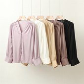 纯色百搭宽松显瘦 v领桑蚕丝上衣春秋新款 通勤好物真丝衬衫 女长袖