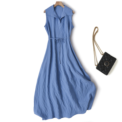 dry silk真丝干丝新款简约时尚背心裙气质翻领系带收腰长款连衣裙