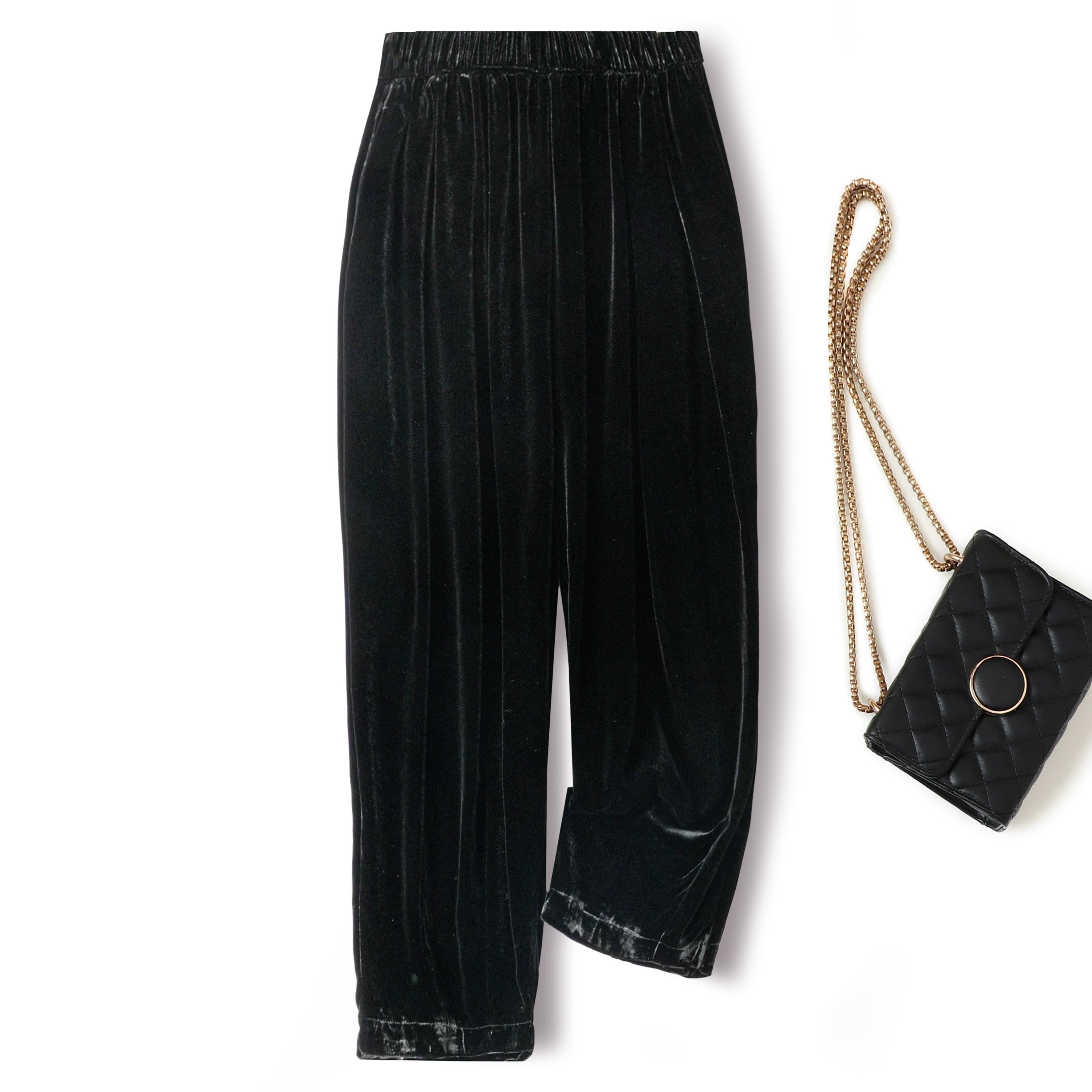 慵懒老钱风真丝丝绒显瘦茧型长裤女桑蚕丝黑色宽松休闲松紧腰裤子