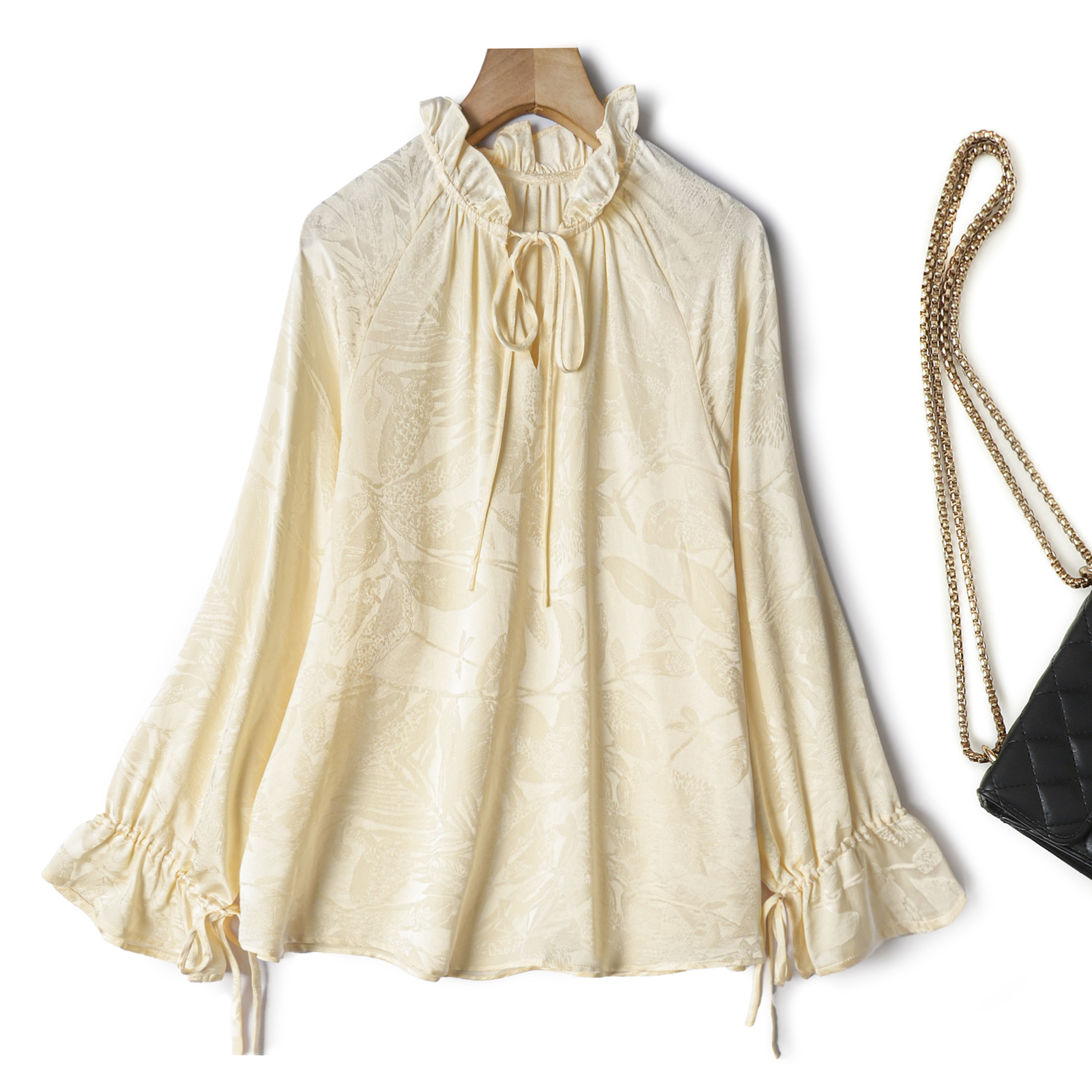 高端法式100%桑蚕丝立领衬衫女上衣2025秋季荷叶边OL气质长袖衬衣