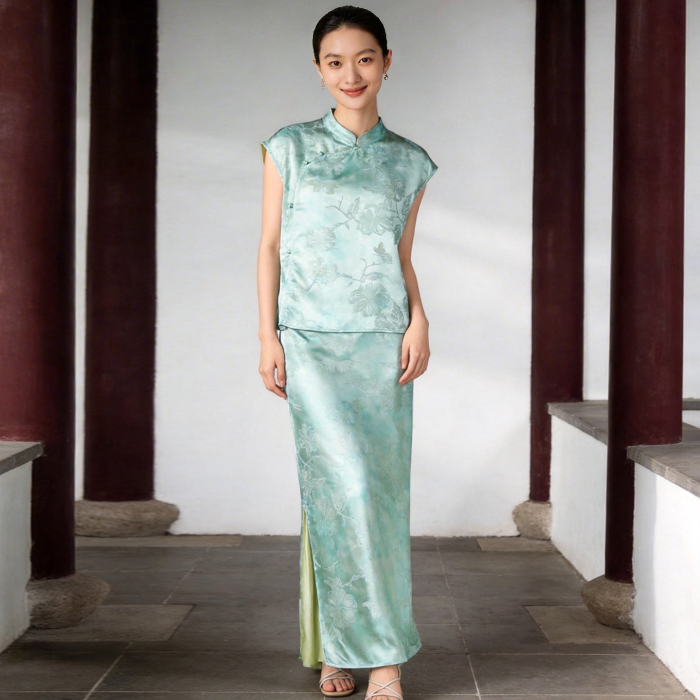 缯喜通勤复古织金提花包袖套装女图片