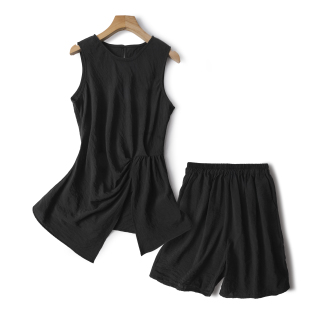 套装 夏日新款 上衣＋休闲外穿短裤 不规则纯色减龄真丝收腰无袖 法式