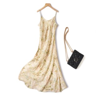 一眼心动！真丝加长礼服吊带裙女小雏菊金线丝绒烧花斜裁显瘦裙子