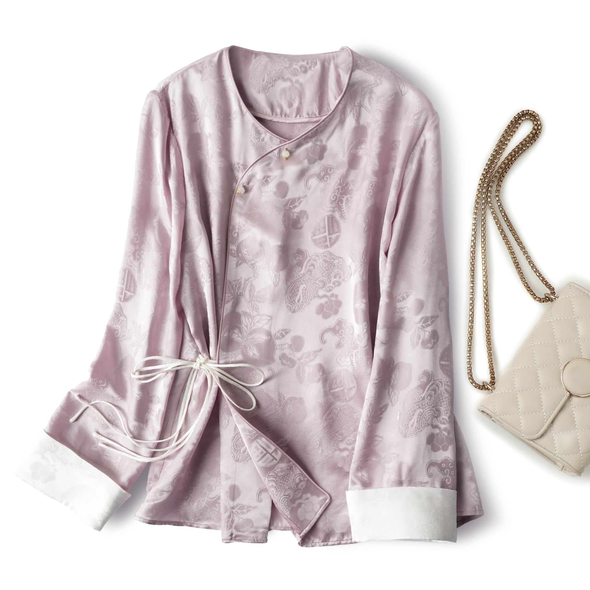 桑蚕丝新中式书卷气重磅真丝花罗提花浮雕国风斜襟圆领长袖毛衫夏