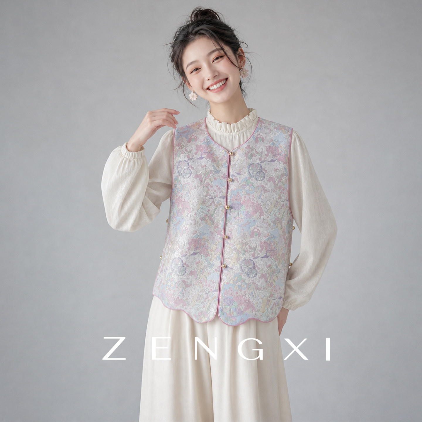 桃花源记宋锦对襟桑蚕丝马甲女图片