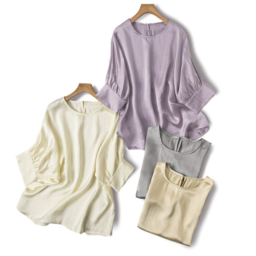 2025春夏新款桑蚕丝真丝珍珠缎圆领蝙蝠袖上衣女宽松七分袖t恤女