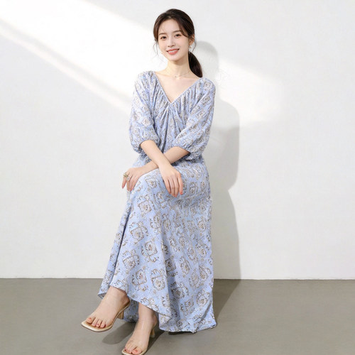 法式浪漫真丝度假风连衣裙女复古印花灯笼袖A字裙夏桑蚕丝仙女裙