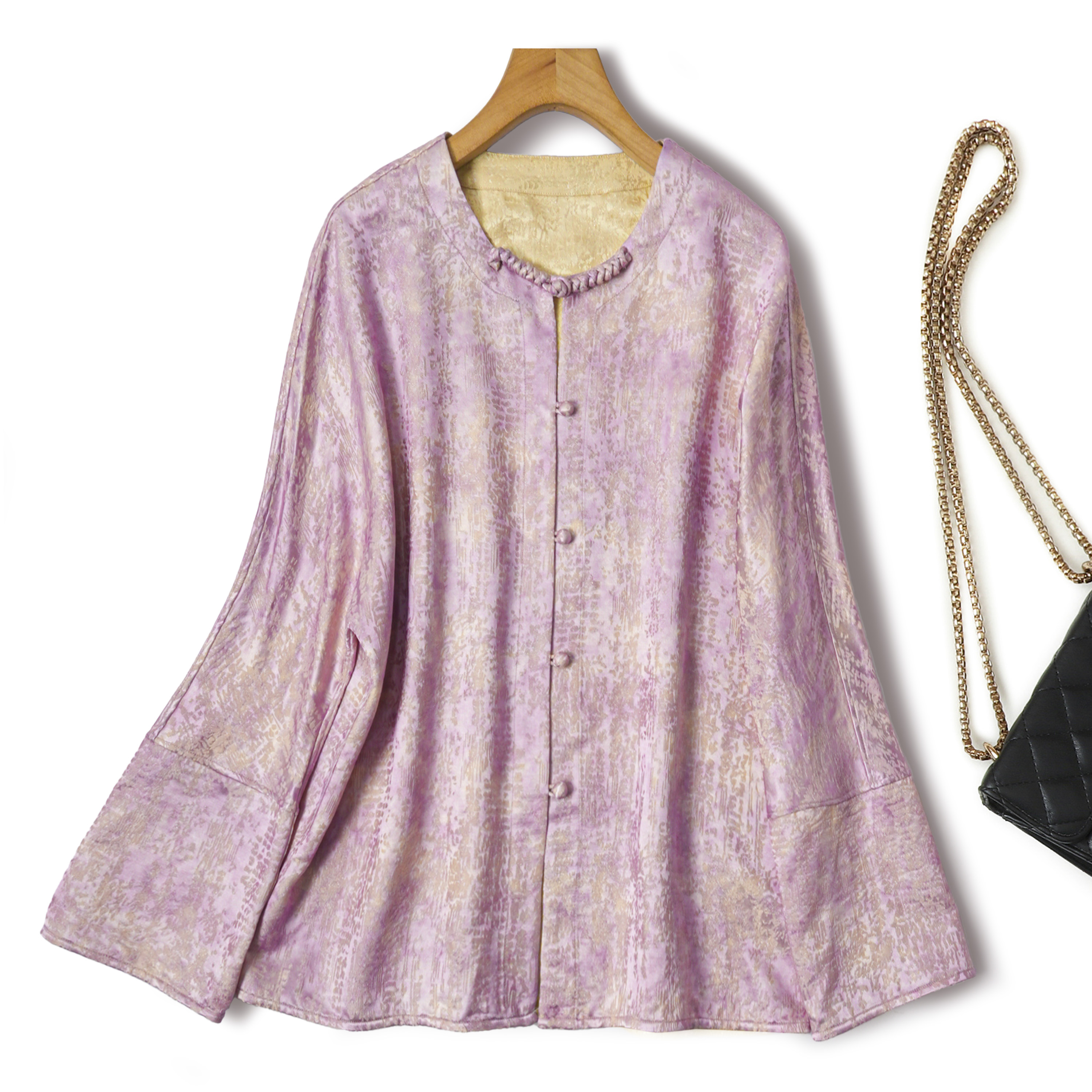 繁星点点双穿设计！桑蚕丝羊毛盘扣新中式外套女真丝圆领长袖上衣