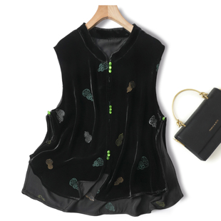 复古新中式国风立领真丝丝绒马甲女高级显瘦刺绣葫芦百搭上衣开衫