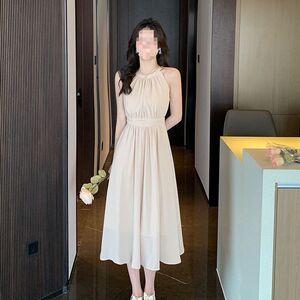 连衣裙女中A字新款脖挂显瘦子女夏季小个子高腰无袖长裙法式