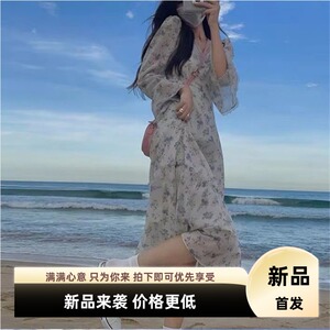 法式浪漫桔梗长裙小碎花雪纺气质仙女温柔连衣裙复古春秋新款