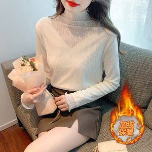 现货实拍2024秋冬新款韩版百搭高领网纱拼接加绒打底衫女上衣秋冬