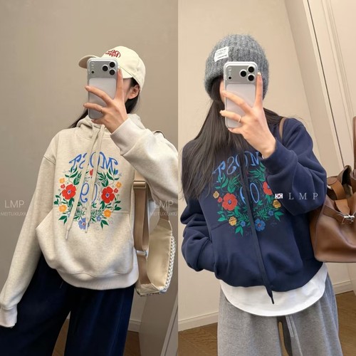 25秋冬480g一条奥利绒花朵水彩拔印花连帽加绒卫衣女士保暖学生