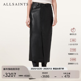 W008RC 女装 ALLSAINTS女士羊皮革半身裙长款 小黑皮裙2025年秋季